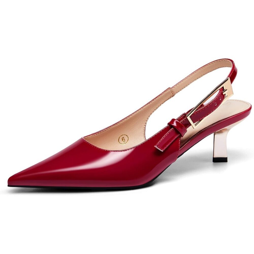Women's Red Slingback Kitten Heels Closed Pointed Toe Pumps Buckle Strap